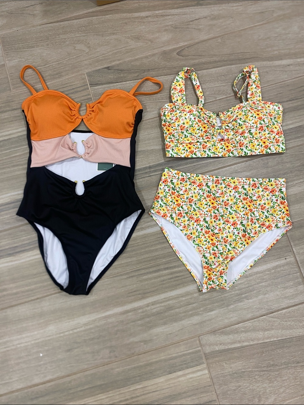 Colorblock Cutout One-Piece & Floral High-Waist Bikini Set